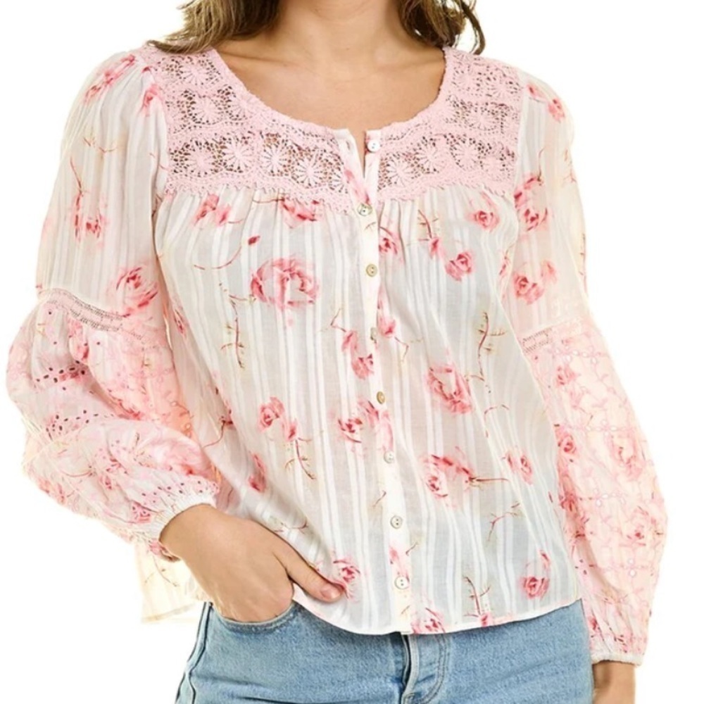 LoveShackFancy Pink Floral Lace Blouse